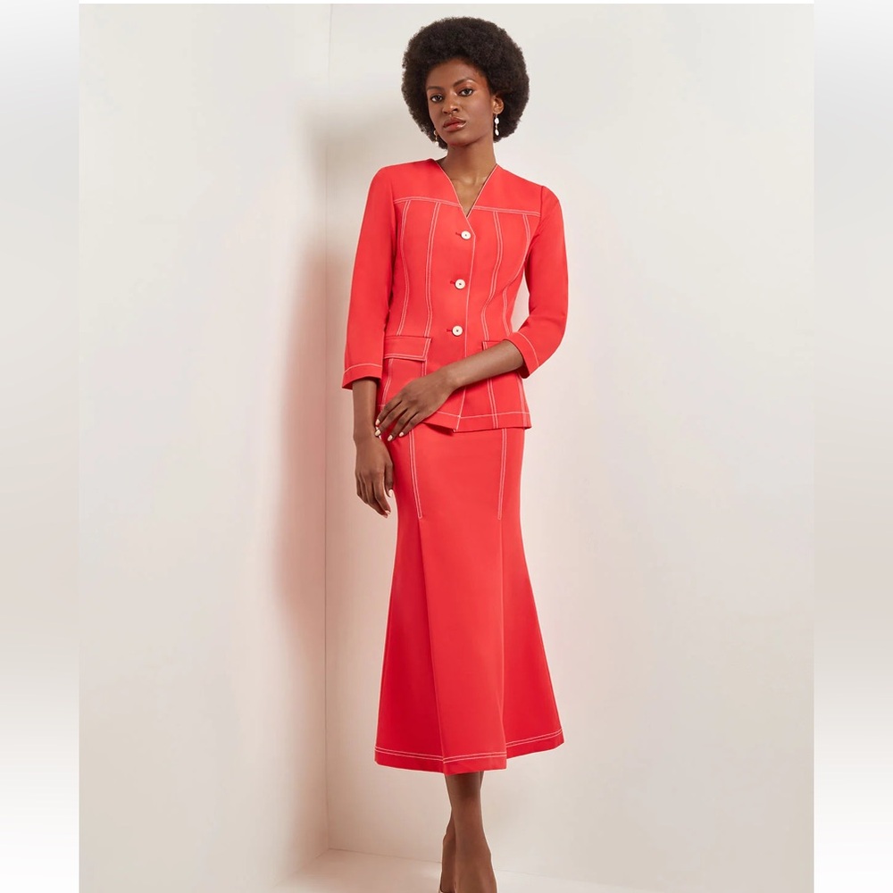 NEW! Misook Contrast Stitch Red Modern Jacket and Trumpet Midi skirt set, size M